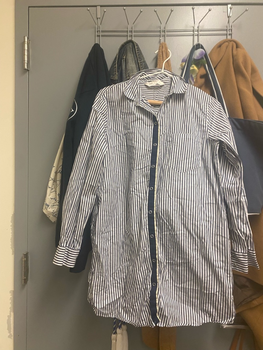 Zara Blue and White Striped Long Button-Down Shirt Dress